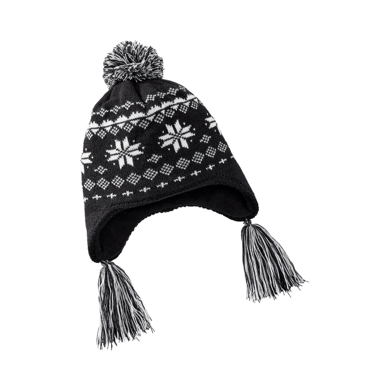 W FAIR ISLE TASSLE BEANIE BLK